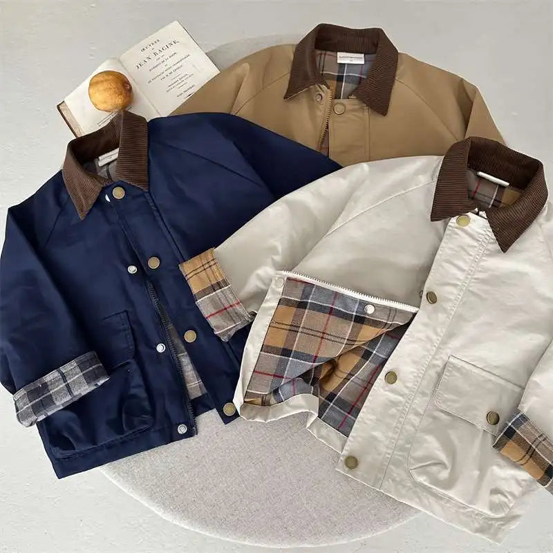 2025 UNITIM Spring Autumn Kids Boys Jacket Plaid Spliced Pocket Long Sleeve Toddler Boys Outerwears Coat Children Boys Jacket