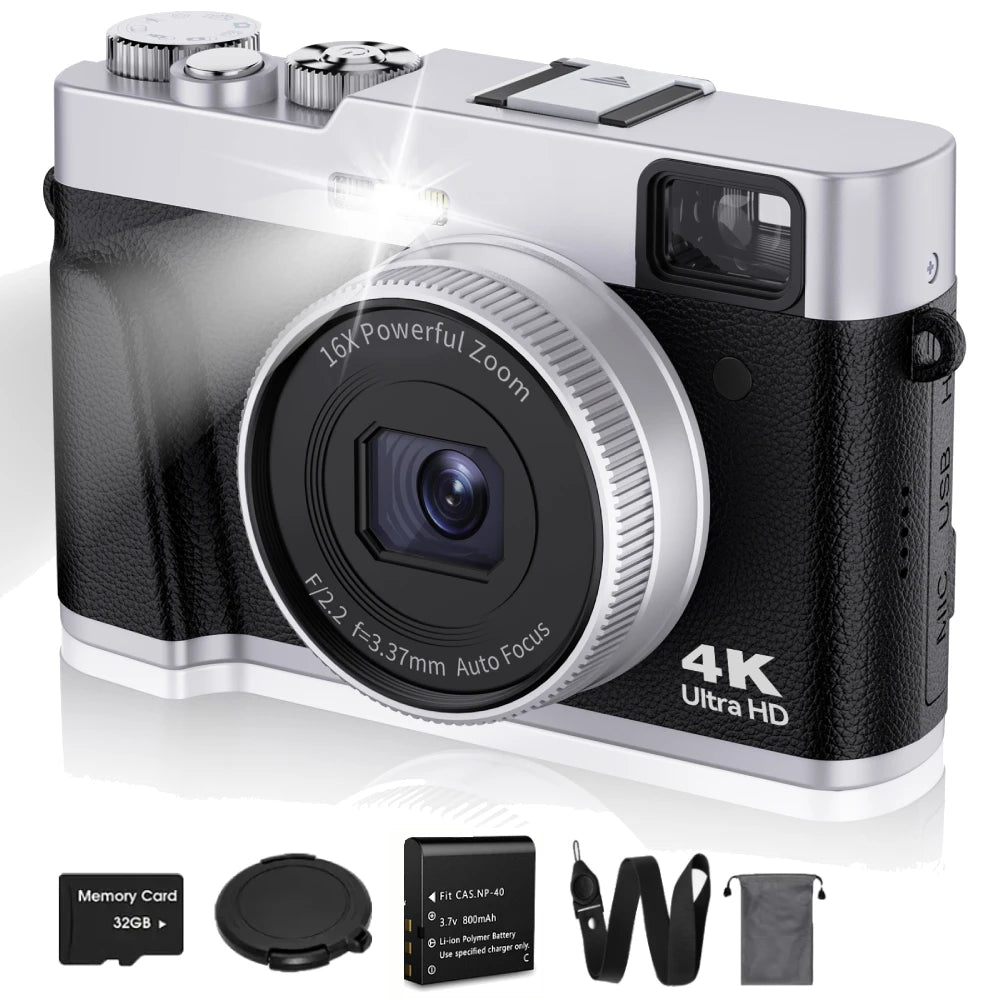 4K Digital Camera Auto Focus 48MP Vlogging Camera for YouTube and Anti-Shake Video Camera with Viewfinder Flash & Dial