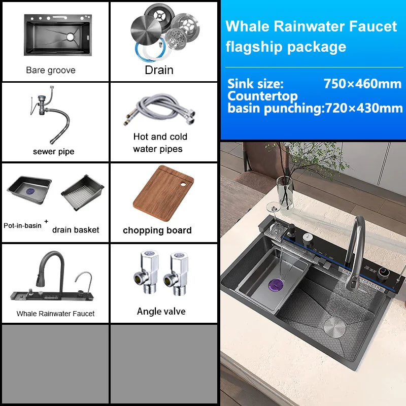 Kitchen Sink Stainless Steel Waterfall Sinks Extra Large Single Slot with Digital Display Faucet Set For kitchen