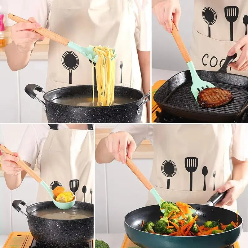 12pcs/set, Silicone Cooking Utensils Set With Wooden Handle, Colorful Non-stick Pot Special Cooking Tools Set, Heat Resistant