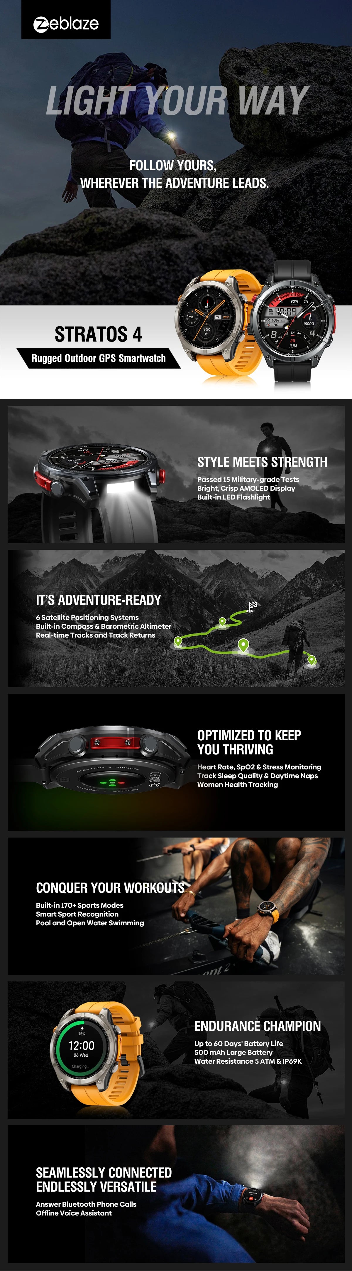 NEW Zeblaze Stratos 4 GPS Smart Watch 1.43 AMOLED Display Built-in Compass Barometric Altimeter Flashlight Voice Call Smartwatch