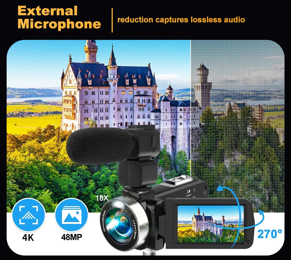4K Portable Digital photography Camera 2 in1 Photo Video Record DV Travel Video Camera 18X Zoom 3'' Rotatable Screen With Flash