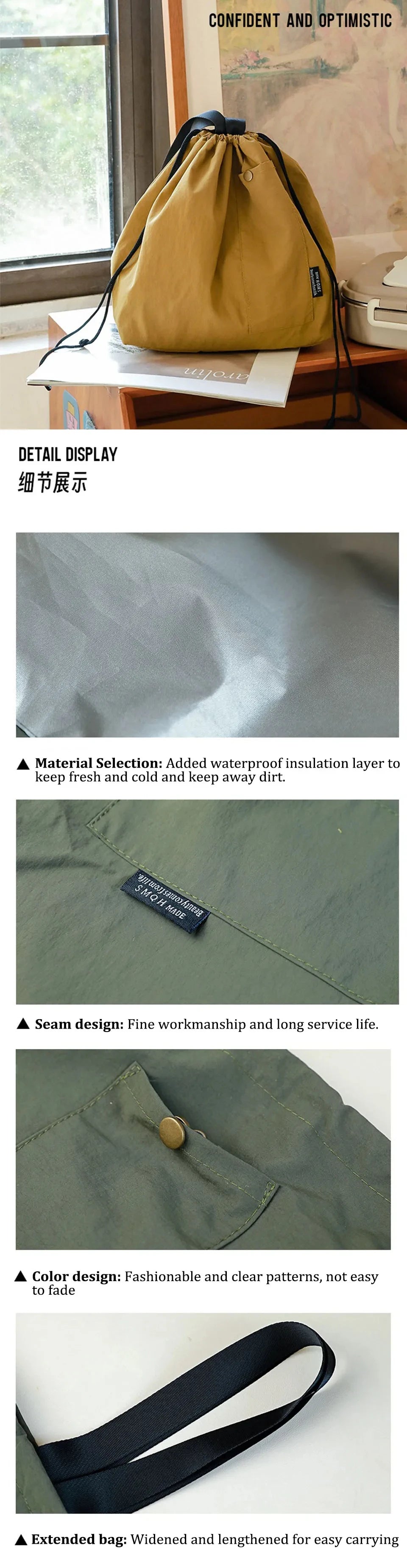 Japanese Korean Lunch Bag Cotton Canvas Large Solid Color Drawstring Portable Thermal Insulated Picnic Storage Bento Box Bag