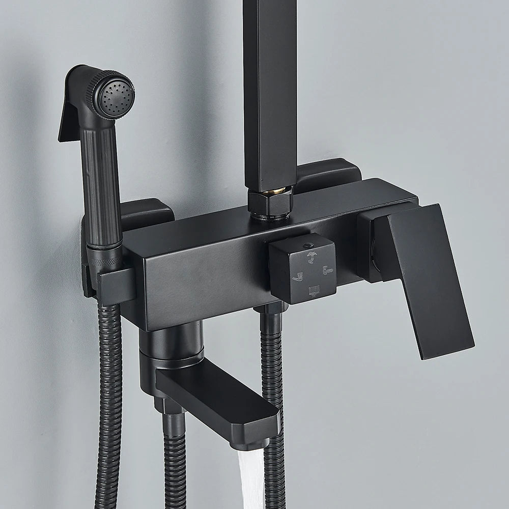 Black Gold Bathroom Shower System Brass Hot Cold Bathroom Faucets Set Accessories 10 Inch Stainless Steel Rain Shower Head