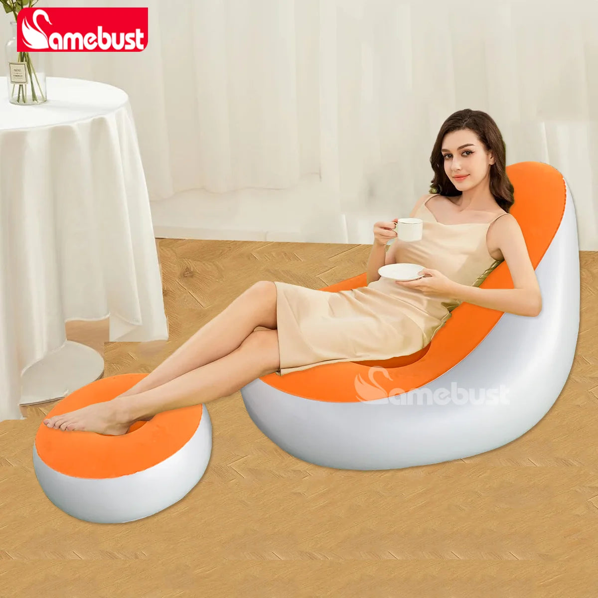 Camebsut Lazy Couch Inflatable Sofa Chair Foldable Recliner Outdoor Sofa Bed Footstool Portable Air Bed Lunch Lounge Chair