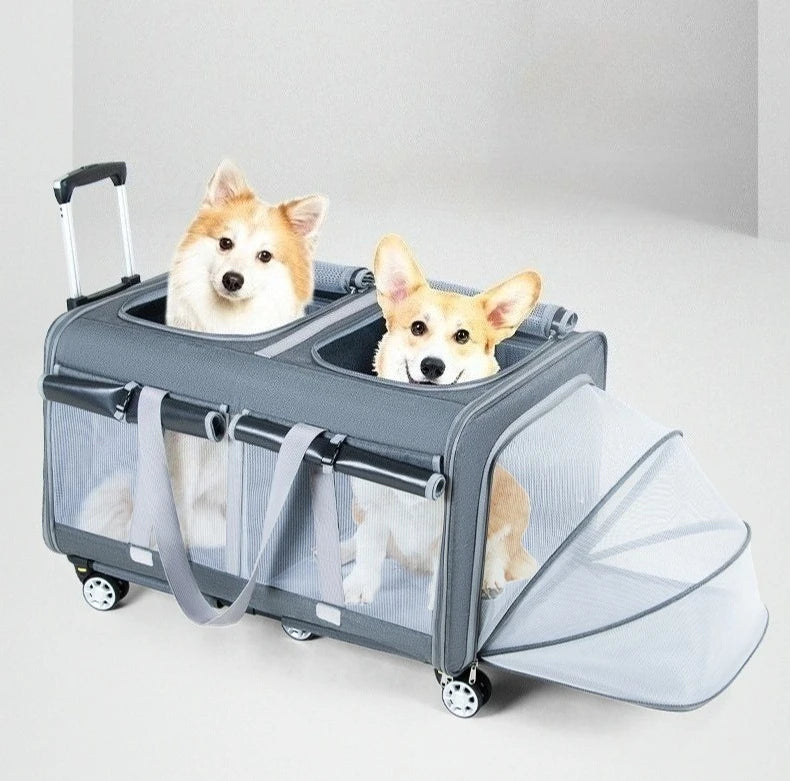 30kg Heavy-Duty Foldable Pet Carrier for Dogs/Cats - All-Terrain Trolley with Removable Wheels, Breathable XXL Travel Stroller