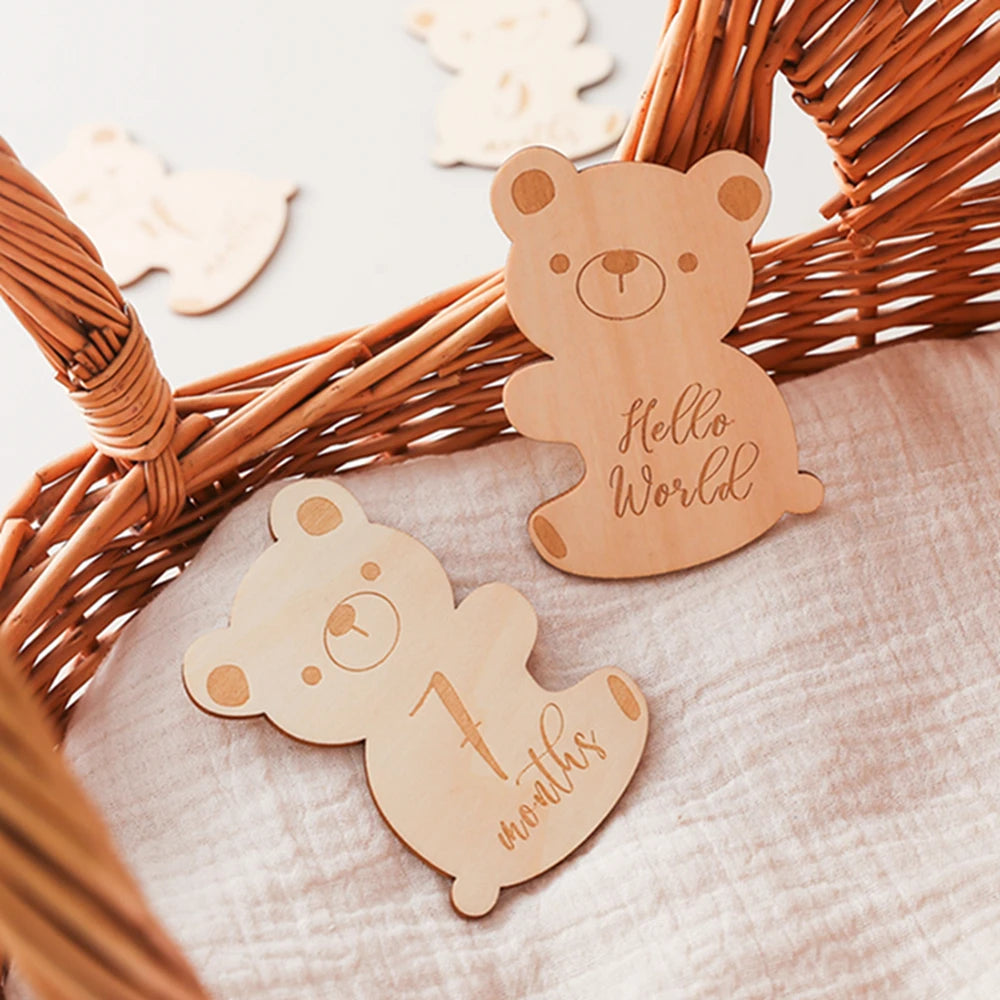 Baby Wooden Milestone Cards Bear Puzzles Memorial Monthly Cards for 0 12 Months Newborn Photography Accessories Birthing Gift