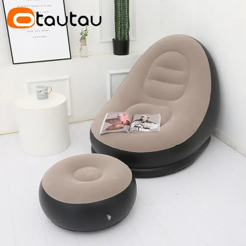OTAUTAU Inflatable Lounger with Footstool Ottoman Chaise Lounge Recliner Outdoor Portable Camping Couch Garden Chair Pouf SF029