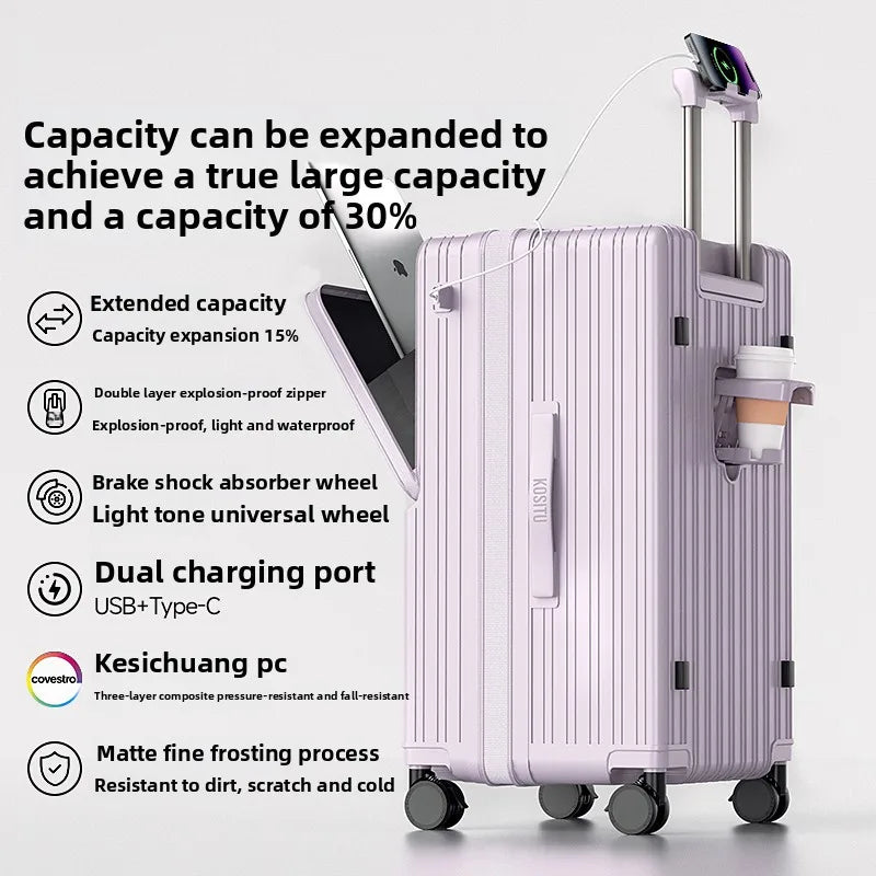 KLQDZMS Cabin Suitcase 20"22"24"26"28"30 Inch Large Capacity Trolley Case USB Charging Boarding Box Front Opening Luggage
