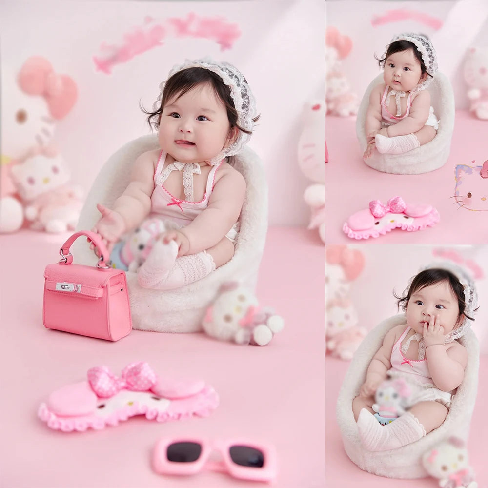 Cute Pink Cartoon Theme 3-4 Month Baby Photography Clothing Kit Kt Cat Doll Studio 100 Days Baby Girl Art Photo Props Accessory