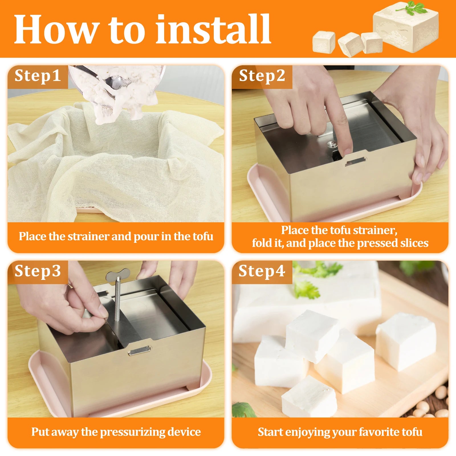 Stainless Steel Tofu Mold and White Cotton Gauze Cheesecloth DetachableSoybean Curd Tofu Making Mold Kitchen Cooking Tool