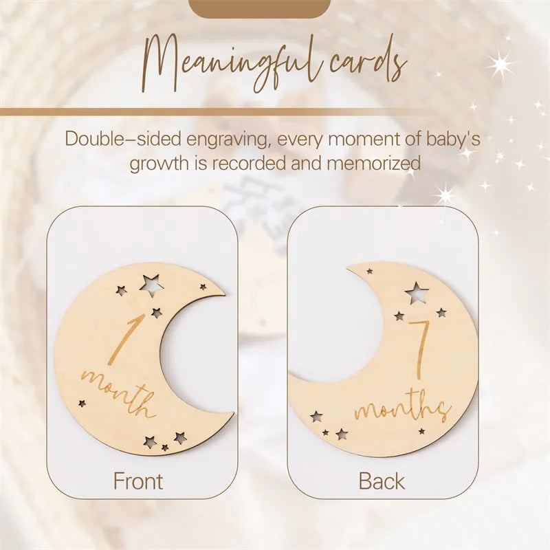 Baby Wooden Memorial Monthly Cards Moon Shape Monthly Newborn Engraved Age Photography Props Accessories Baby Birthing Gift