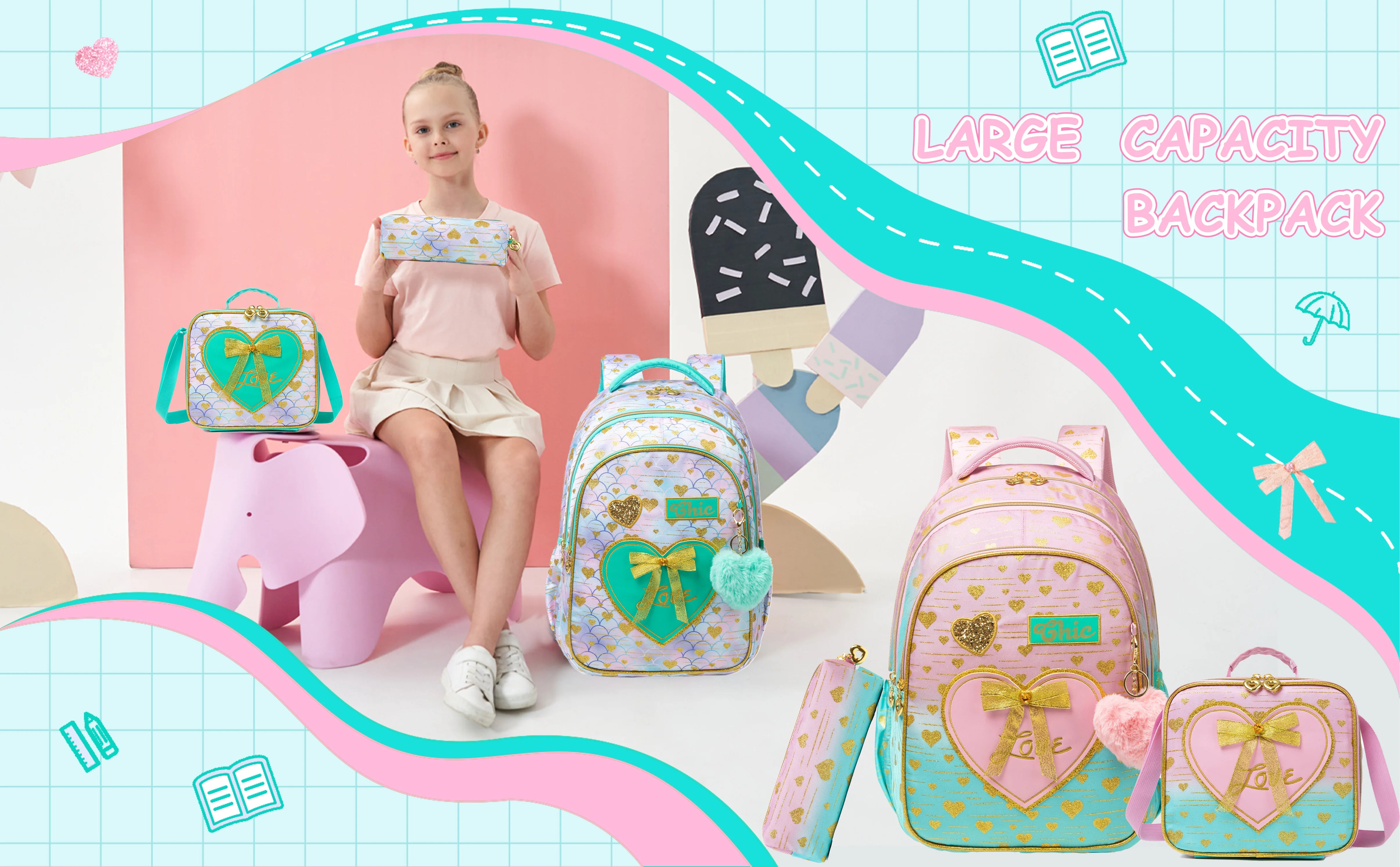 New Bowknot Ribbon Backpack Girls Backpack with Lunch Bag and Pen Bag for Elementary School for Picnic Travel Best Gift