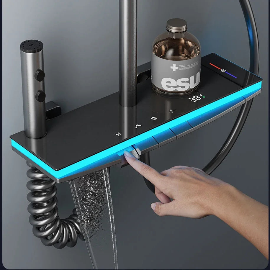 Hot Cold Piano Digital Shower Set 12 Inch Rainfall Shower Head Brass Bathtub Mixer Faucet Thermostatic Bathrooom Shower System