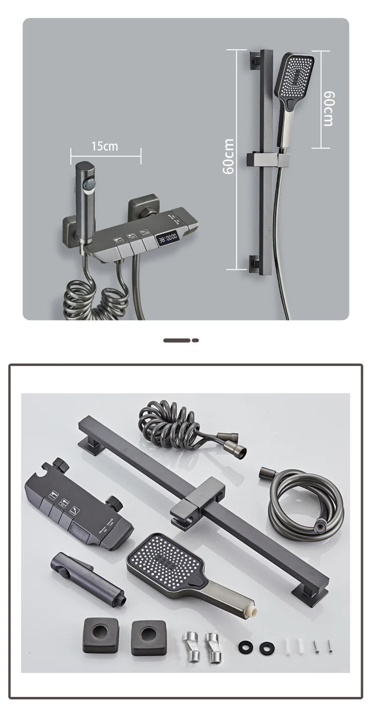 Modern Shower System Full Set Grey 2 Way Piano Keys Bathroom Shower Set Wall Mounted Brass Bathtub Digital Display Shower Faucet