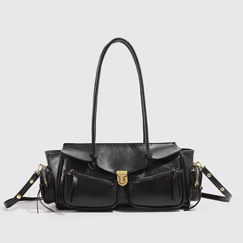 Y2K Style Large Bowling Bag Chic Boston Handbag Solid Color Motorcycle Crossbody Shoulder Bag Women's Vintage Underarm Bag