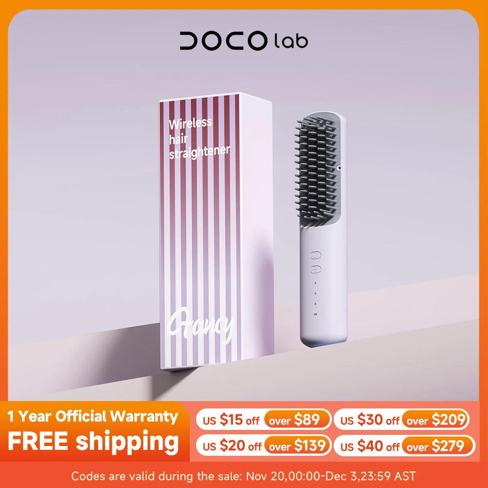 DOCOLAB Cordless 2-in-1 Straight Hair Comb & Curler Negative Ion USB Charging 30s Heat Up Travel-Friendly Styling Brush