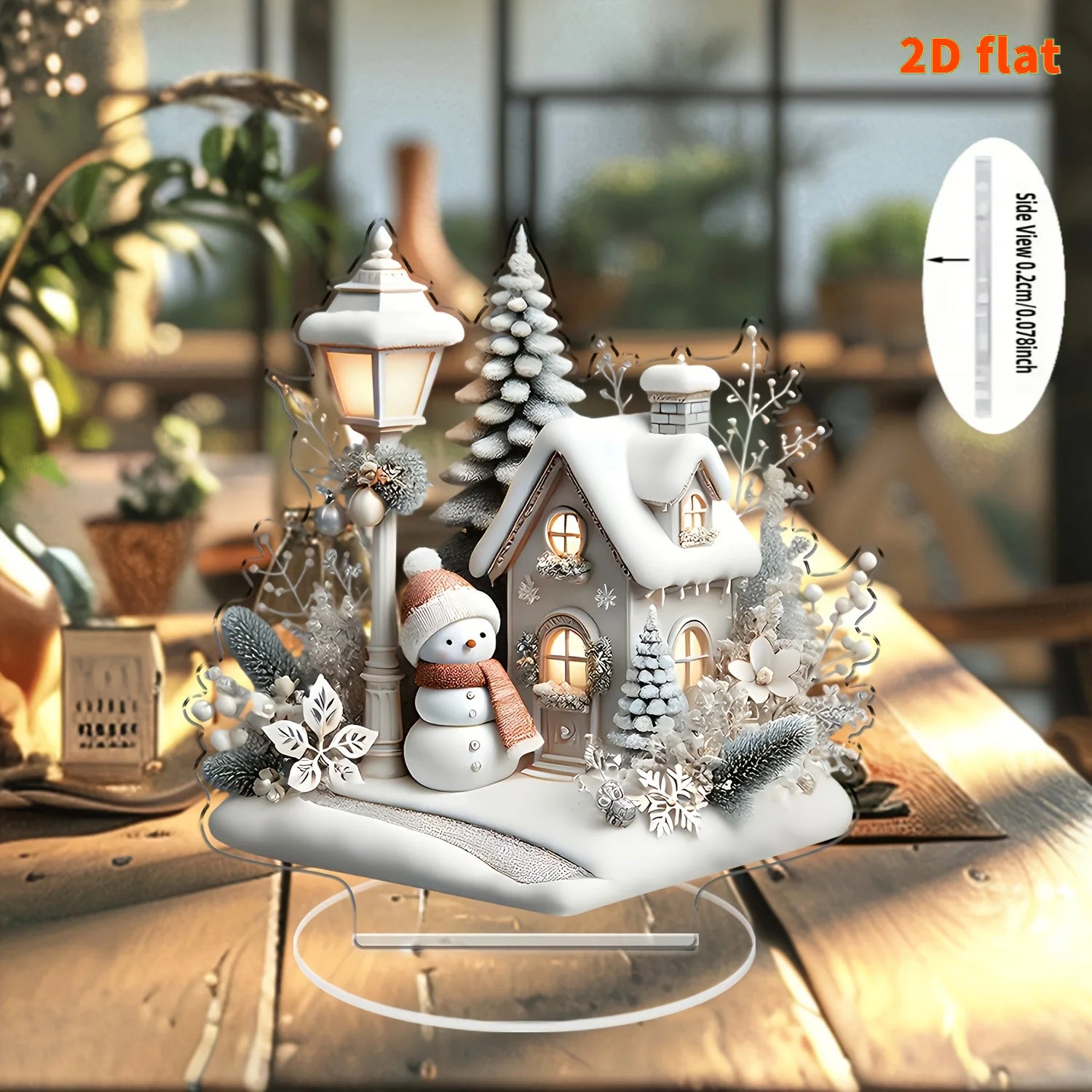 2D White Snow Scenery Christmas House Tree Acrylic Ornaments Base-Mounted Tabletop Home Office Attractive Festival Decor Gifts