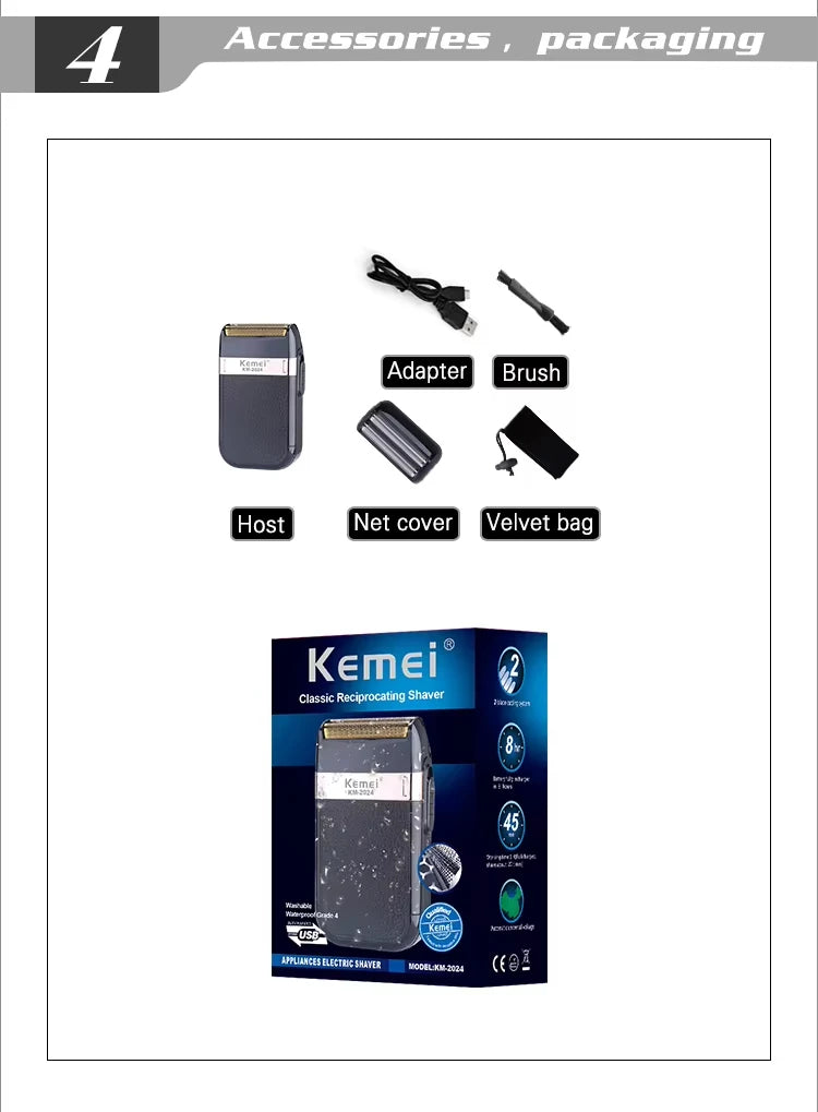 Kemei KM-2024 USB Charging Electric Shaver For Men Reciprocating Twin Blade Razor Shaver Beard Trimmer Shaving Machine
