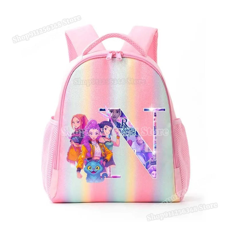 Anime K-pop Demon Hunters Letter A-Z Print Kids Backpack Girls Lightweight Casual School Back Pack Rainbow Color Mochilas Gifts