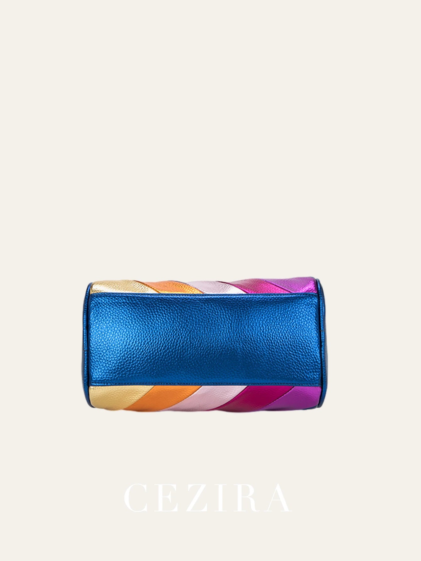 CEZIRA Luxury Metallic PU Vegan Leather Boston Bag Women Fashion Colorful Stripes Patchwork Top-handle Purse Crossbody Handbags