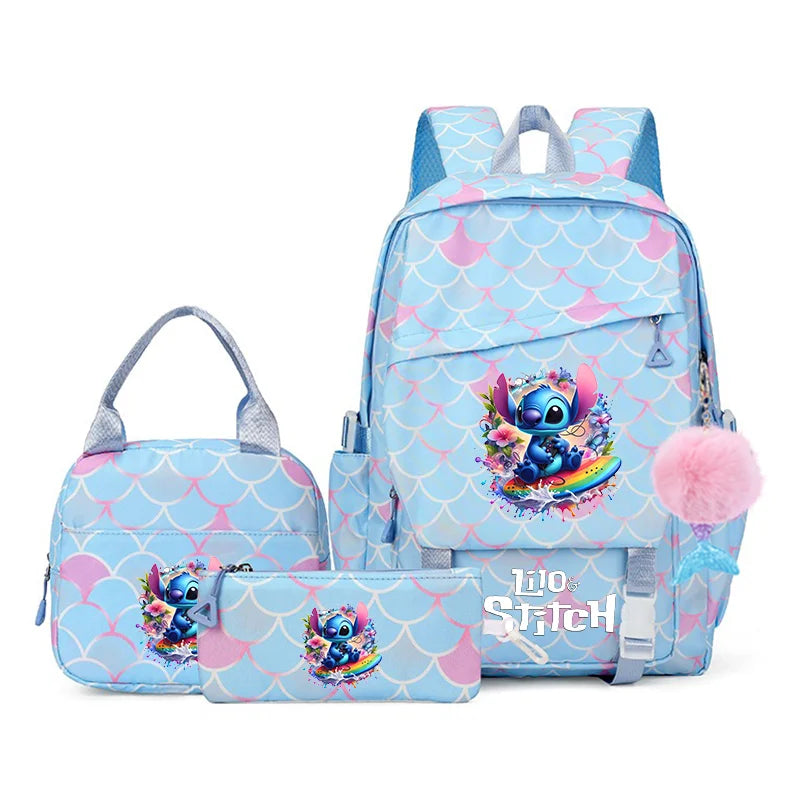 3Pcs Backpack Set Lilo Stitch Girl Kid Student Schoolbags Double Shoulder Bag Travel Pen Lunch Bag Kawaii Bookbag Laptop Bag Set
