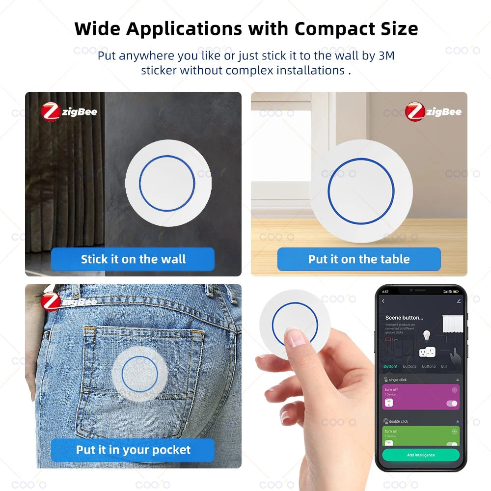 Tuya ZigBee Push Button Wireless Smart Scene Switch Controller Battery Powered Automation Scenario Linkage with Tuya devices Z2M