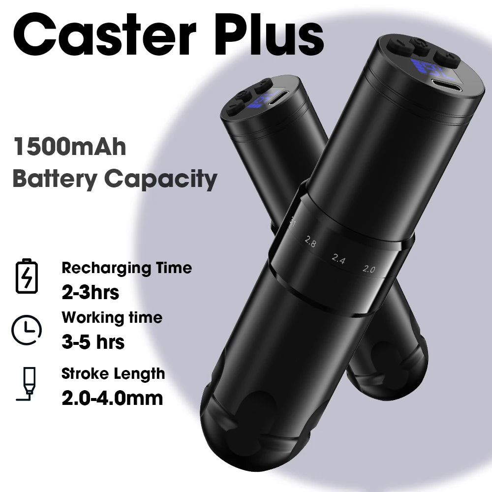 Caster Plus Adjustable Wireless Cartridge Tattoo Machine Pen 1500mAh Wireless Battery  Led Display for Cartridge Tattoo Needles