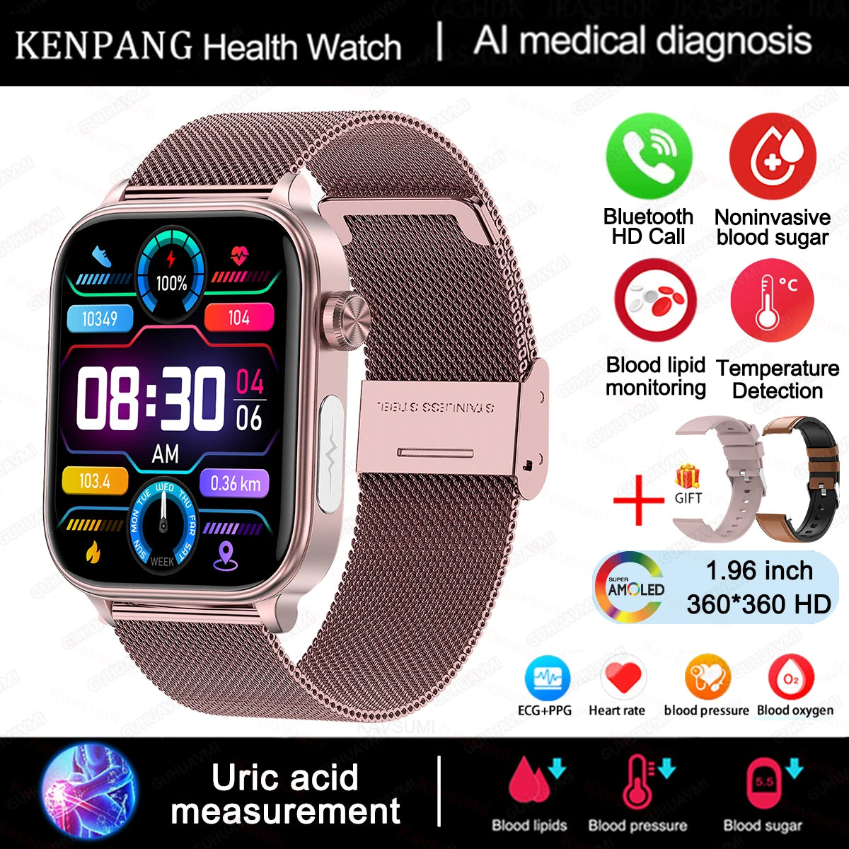2024 New ECG+PPG Medical Grade Smart Watch Men Blood Glucose Blood Lipid Uric Acid Monitoring Bluetooth Call Health Smartwatches