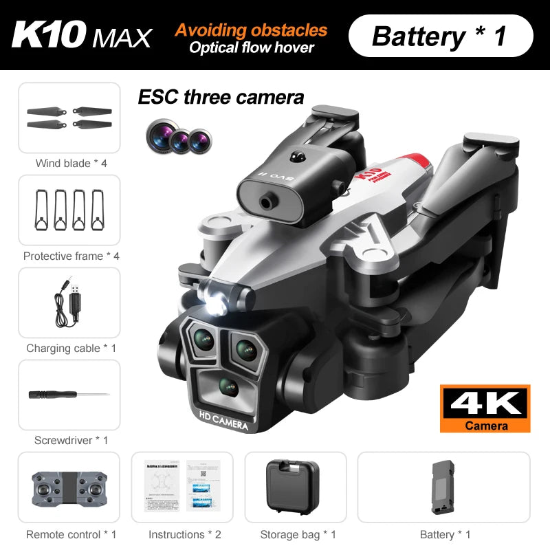 K10 Max RC Drone HD 4K Plane 3 Camera Helicopter Obstacle Avoidance Wifi FPV Quadcopter Optical Flow Aircraft Helicopter Kid Toy