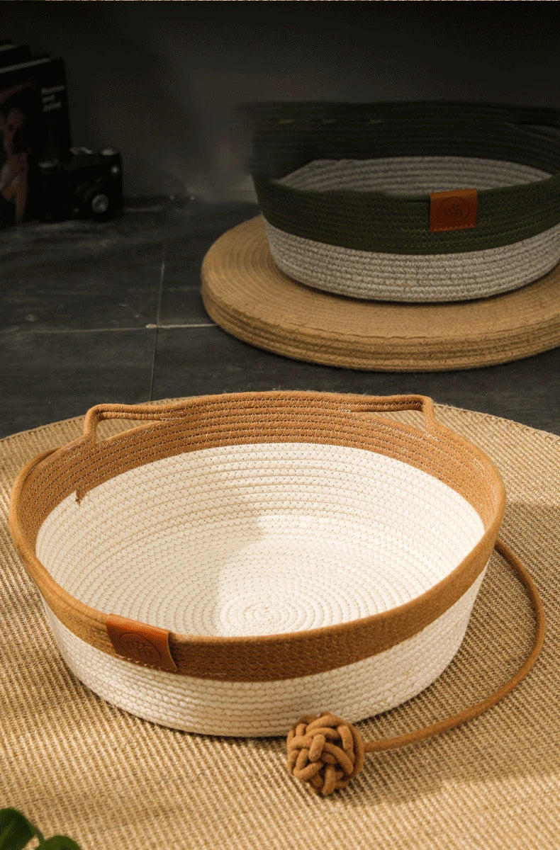 Cat Bed Handmade Rattan Woven Pet Nest Removable Washable Warm Pad All-Season Cat Scratch Board Winter Warm Cat House for Cats