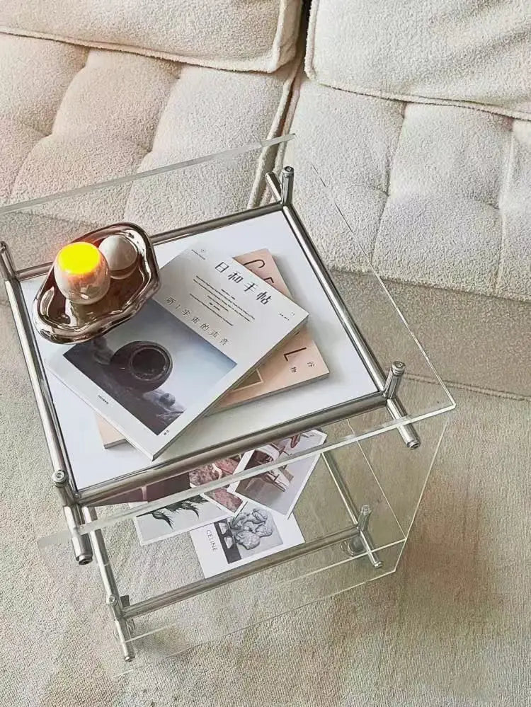 Acrylic Side Table Transparent Trolley Style Living Room Coffee Table Storage Cabinet Mobile Bedside Table Minimalist