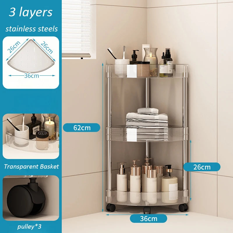 Fashion Rack Multi-Layer Transparent Bathroom Shelf Washbasin Storage Trolley Easy-Move Corner Space-Saving Toilet Rack