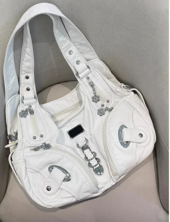 JIAERDI Vintage White Large Capacity Handbag Women High Street Leather Pocket Y2k Shoulder Bags Ladies Retro Purse Bagutte Bag