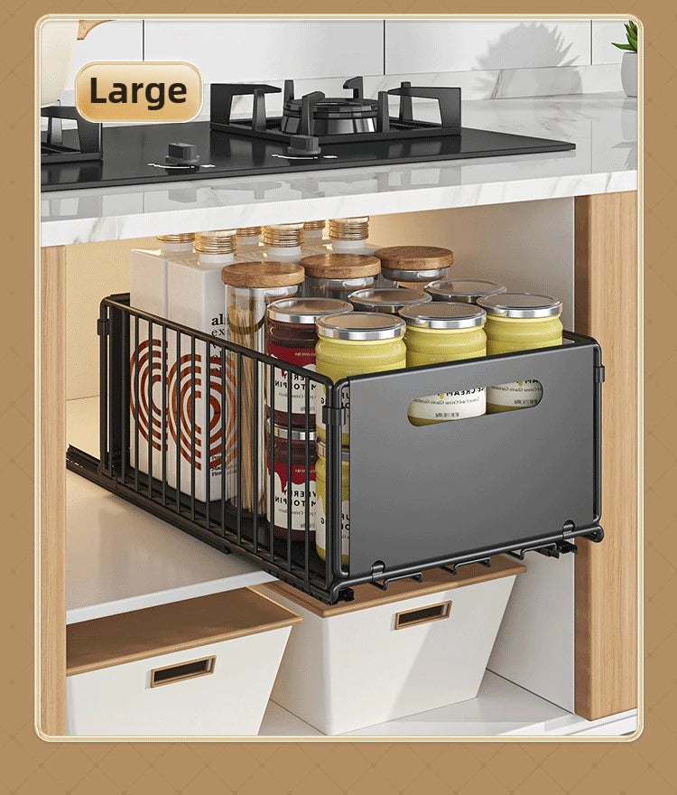Non Perforated Folding Cabinet with Pull-out Basket Multifunctional Snack Storage Rack Household Kitchen Sink Storage Rack