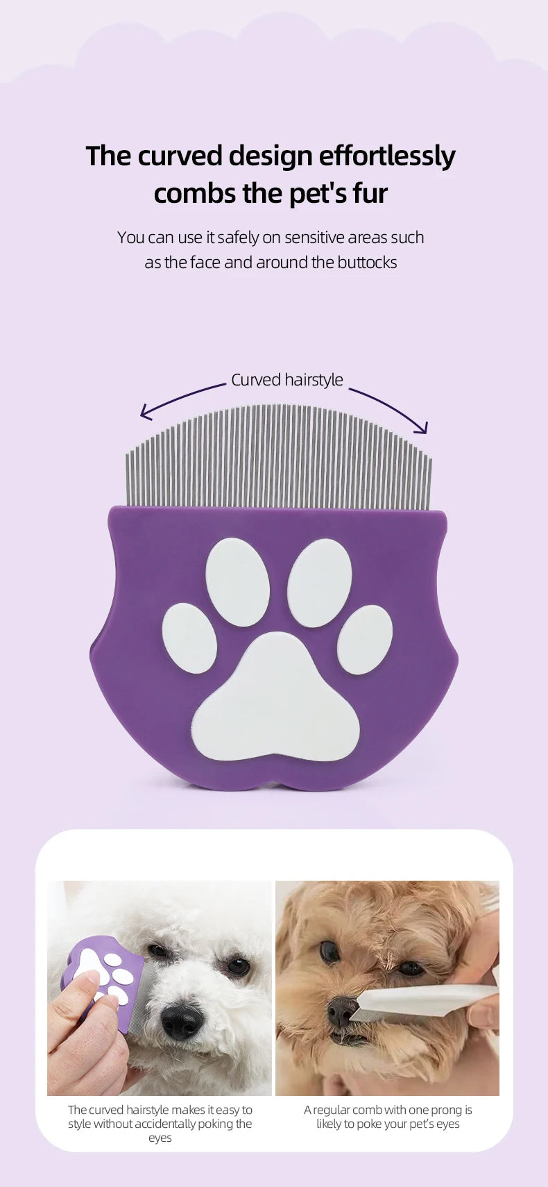 Pet Grooming Comb - Flea Comb for Cats & Dogs, Curved Design for Face & Body, Mini Detangling Brush for Pets