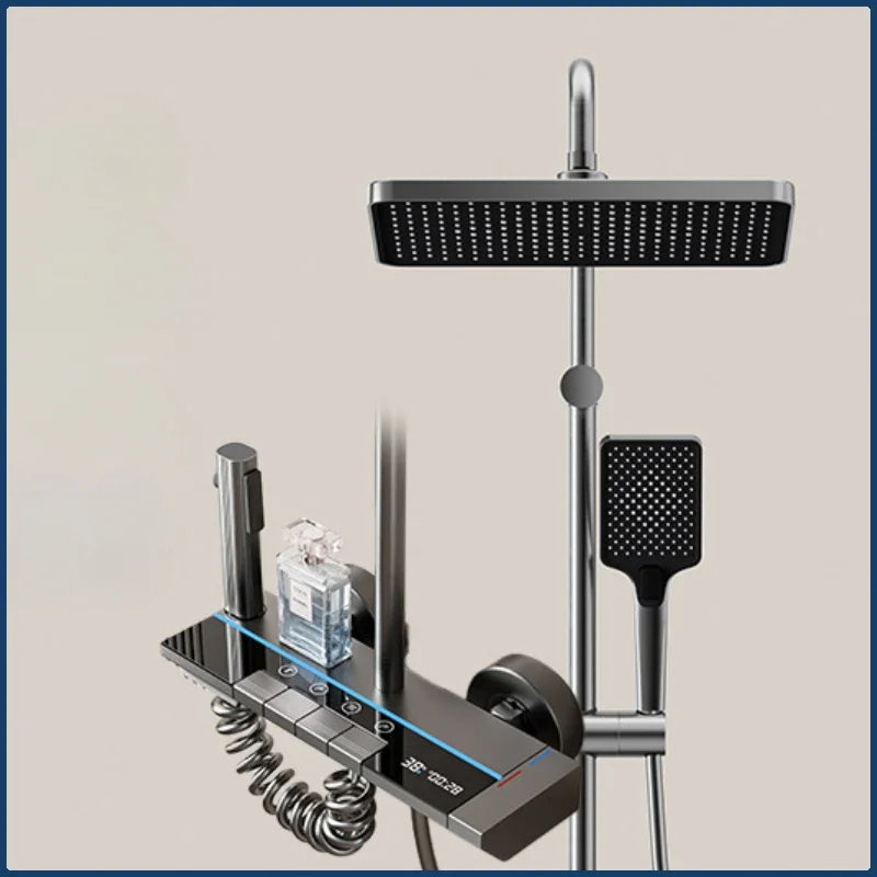 Grey Intelligent Digital Shower System Wall Mounted Bathroom Shower Faucet Set Temperature Display Rainfall Bathroom Shower Set