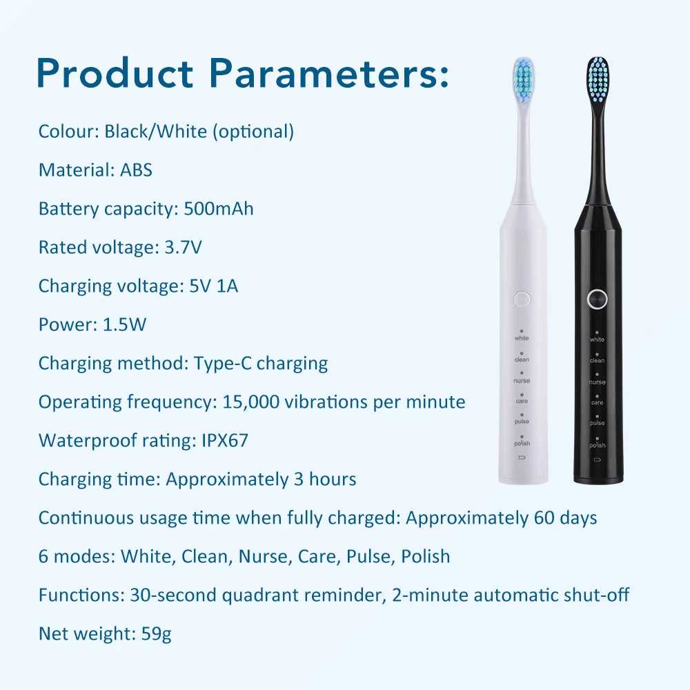 Electric Sonic Toothbrush 2-Minute Smart Timer 6 Modes  Deep Clean With 4 Brush Heads Oral Care Rechargeable for Adults
