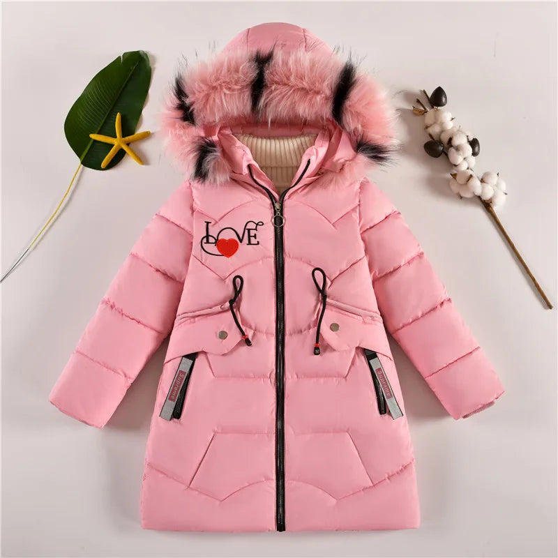 5-14 Years Old Winter Boys Girls Jacket Long Style Hooded Fur Collar Colorful Heavy Coat For Kids Children Outerwear