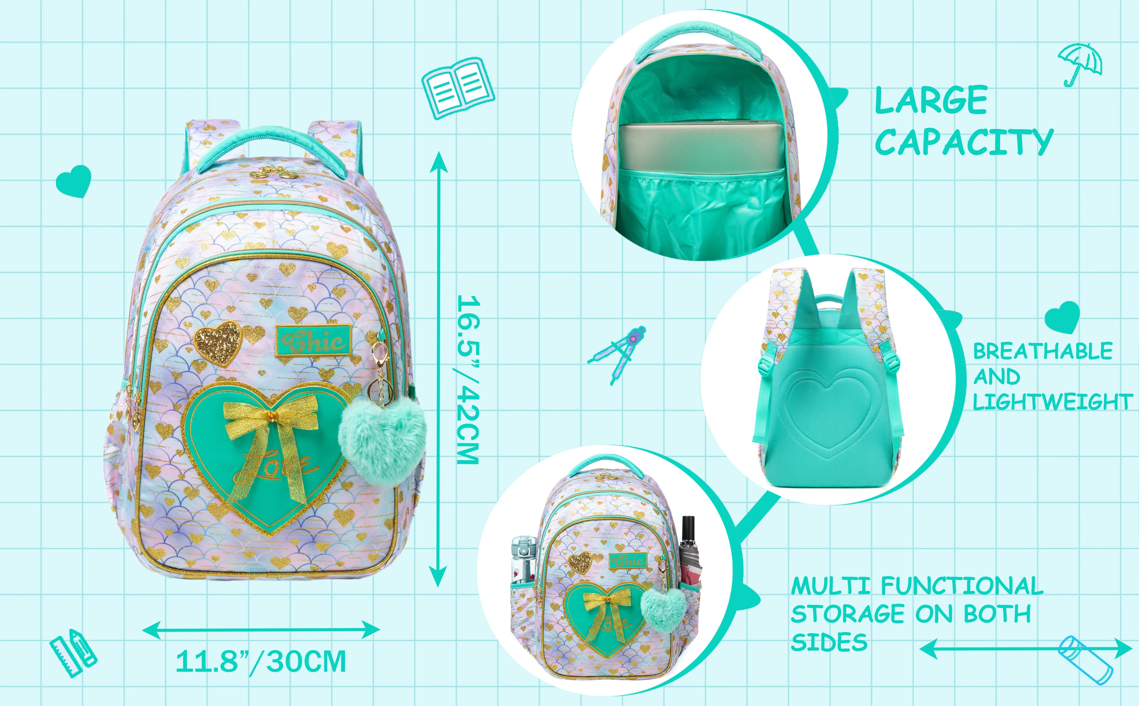 New Bowknot Ribbon Backpack Girls Backpack with Lunch Bag and Pen Bag for Elementary School for Picnic Travel Best Gift