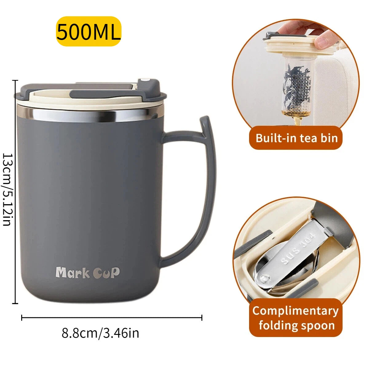500ml Double-layer Mug 304 Stainless Steel Insulated Coffee Cup With Handle Portable Sealed Water Cup Drinkware For Student Kid