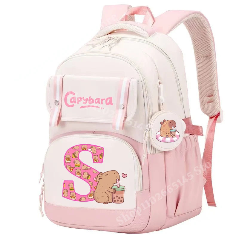 Capibara Cute Backpack Girl Anime Capybara Letter A-Z School Bags Kids Outdoor Sport Shoulders Bag Travel Rucksack Children Gift