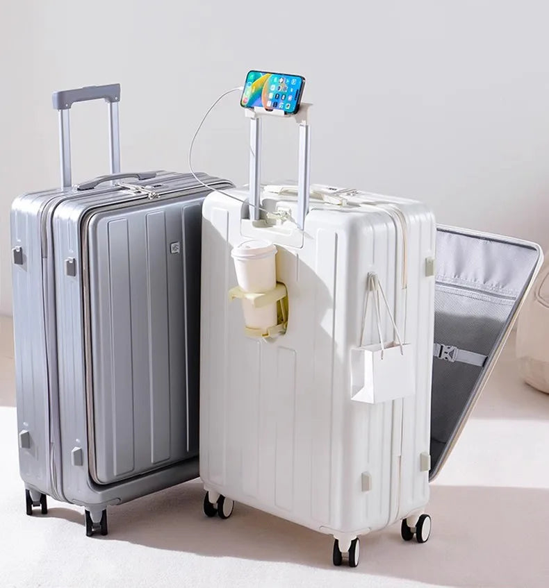 Multifunction Large Capacity Luggage Business Carry on Boarding USB Charging Cup Holder Front Opening Lid Trolley Suitcase