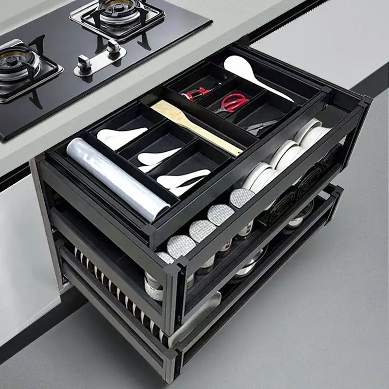 Kitchen Cupboard Basket Three-layer Drawer Bowl Rack, Cupboard With Dish Basket In Cupboard, Kitchen Cabinet, Cupboard Rack