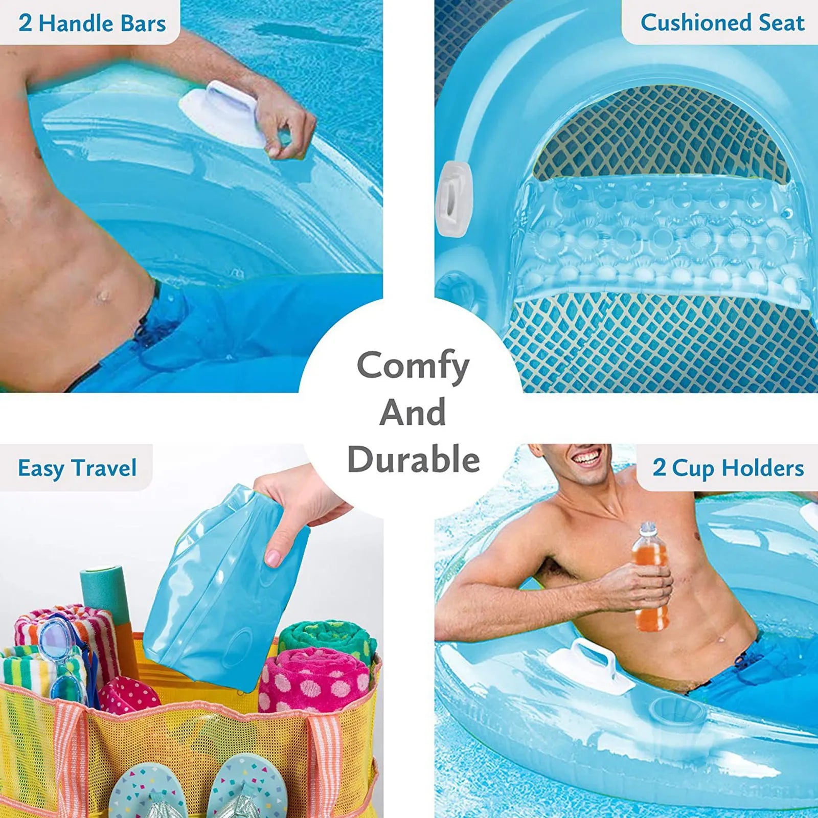 Inflatable Pool Floats for Adult Kids, Float Chairs with Cupholders and Handles Pool Lounges, PVC Water Mattresses Hammock Mat