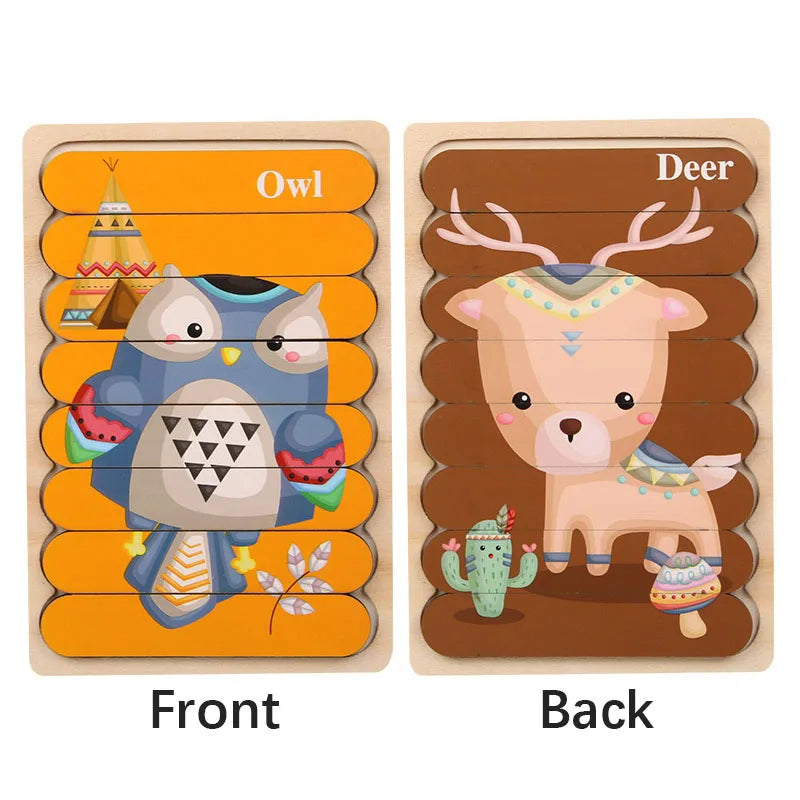 Cartoon Animal Double-sided Strip Wooden Puzzles Kids Montessori Jigsaw Game Baby Educational Toys for Children