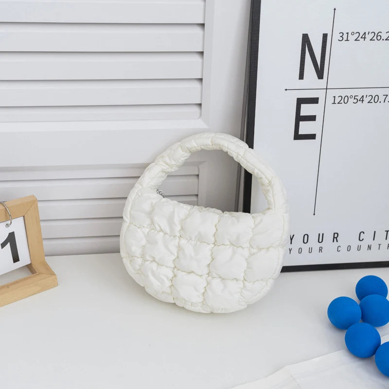 Candy bag Fashion Mini Puffer Tote Bag Quilted Circle Phone Purse  Elegant  Soft Nylon Padded Key Pouch Simple Trend Handbag