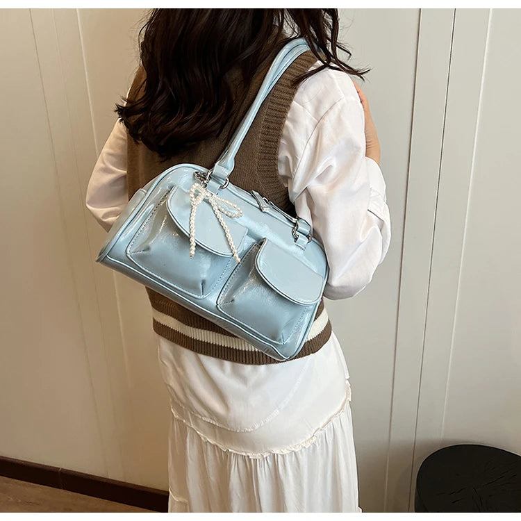 Solid Sewing Thread Fashion Glossy PU Shoulder Bags Baguette Versatile Hand Bags 2025 Hot Sale Bags for Women Bolsas Femininas