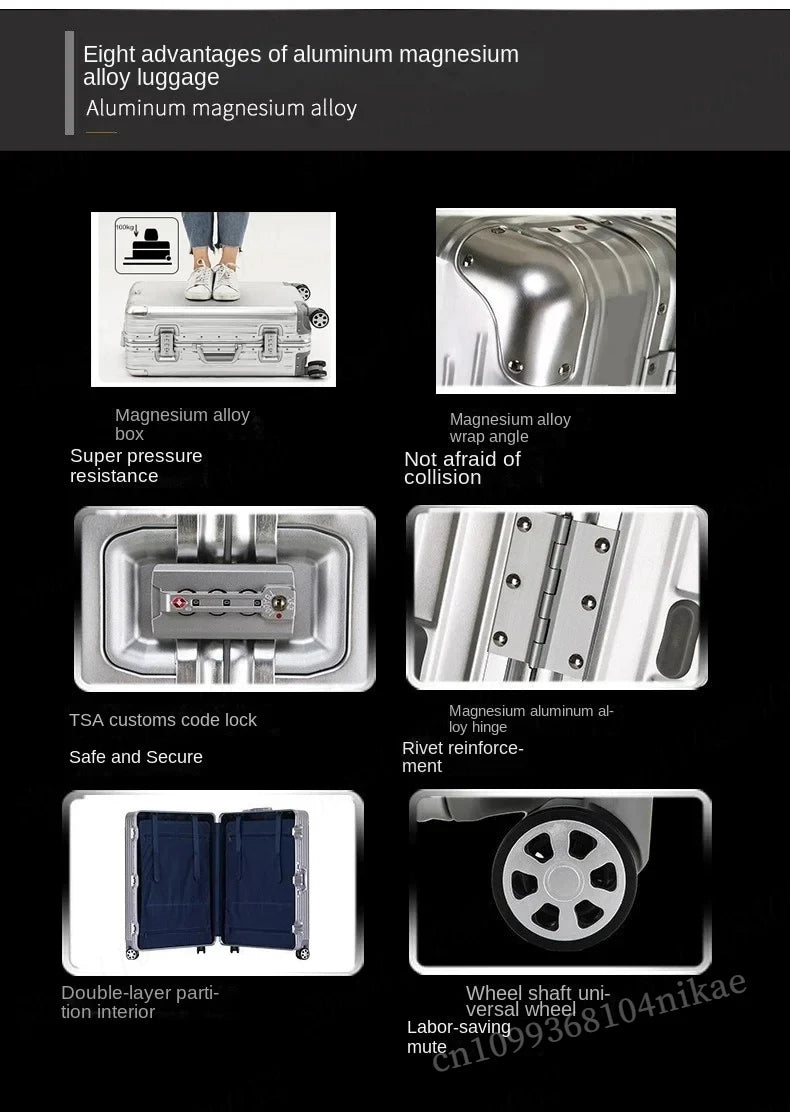 Aluminum Magnesium Alloy Rolling Luggage 20 Inch Metal Trolley Case Lightweight Carry On Suitcase For Business Trip Travel Cabin