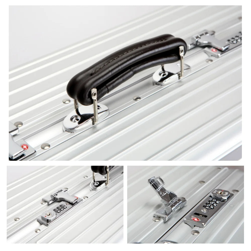 Top Quality Aluminum-Magnesium Alloy Vintage Suitcase, 20/24/26/29 Inch Lightweight Travel Trolley Luggage With Leather Handle